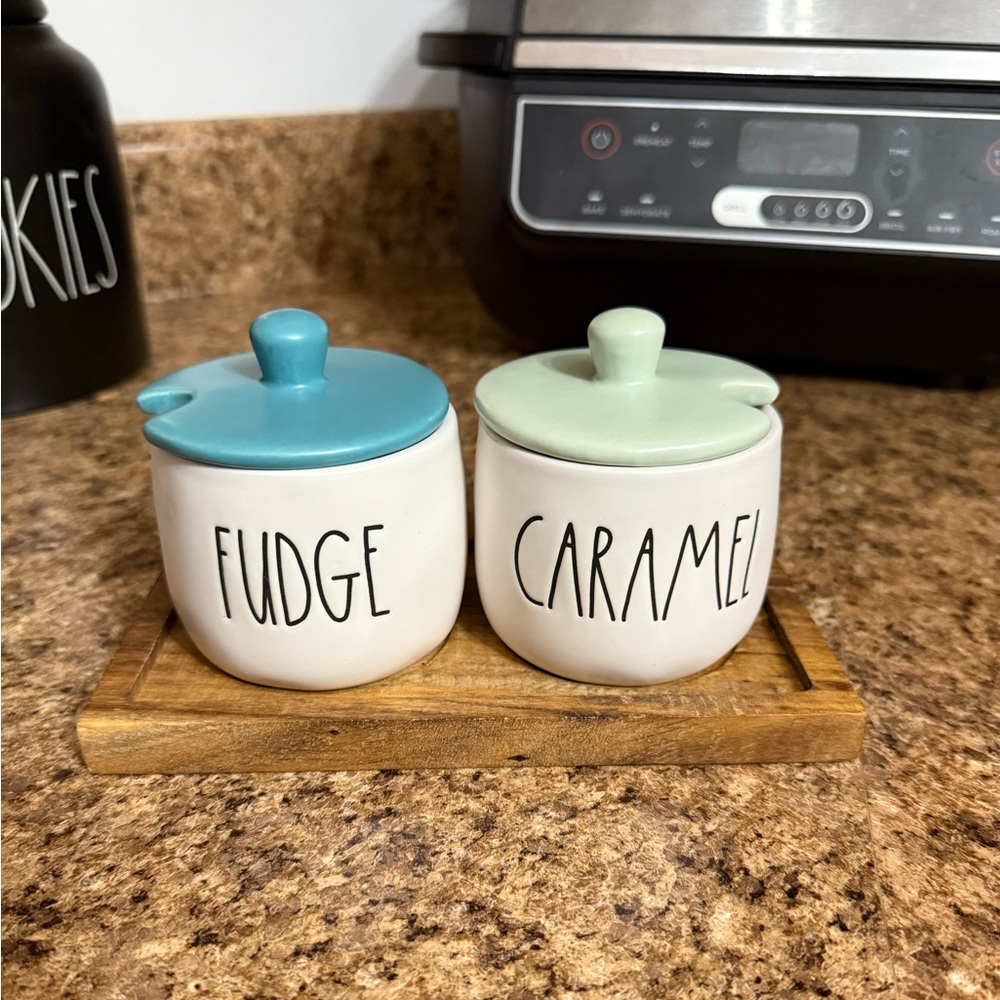 Rae Dunn Fudge and Caramel Jars with Blue and Green Lids